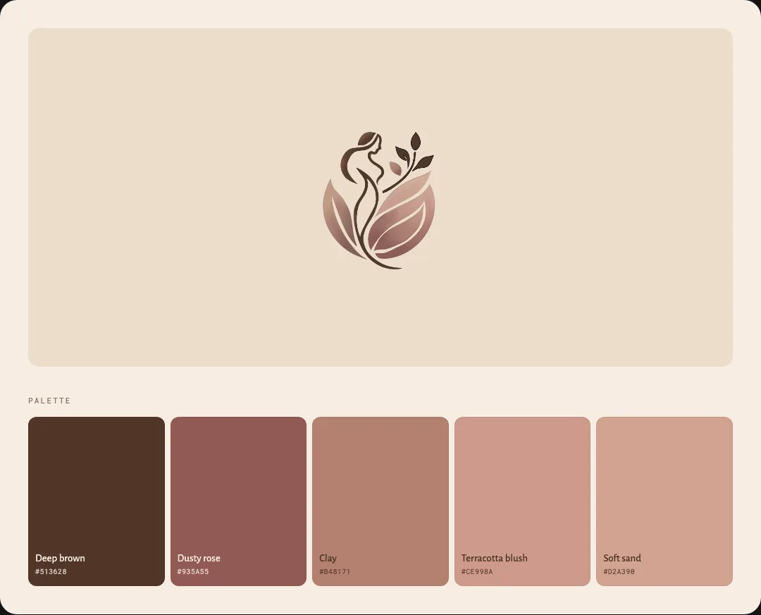 A fictional, reconstructed brand board in warm brown and terracotta, with a leaf-and-figure mark