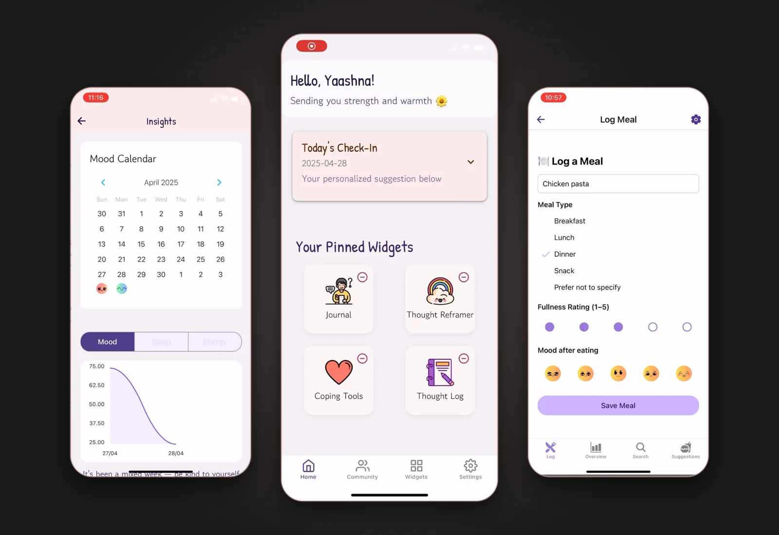 Three screens from the Vira app: Insights, Home and Log Meal
