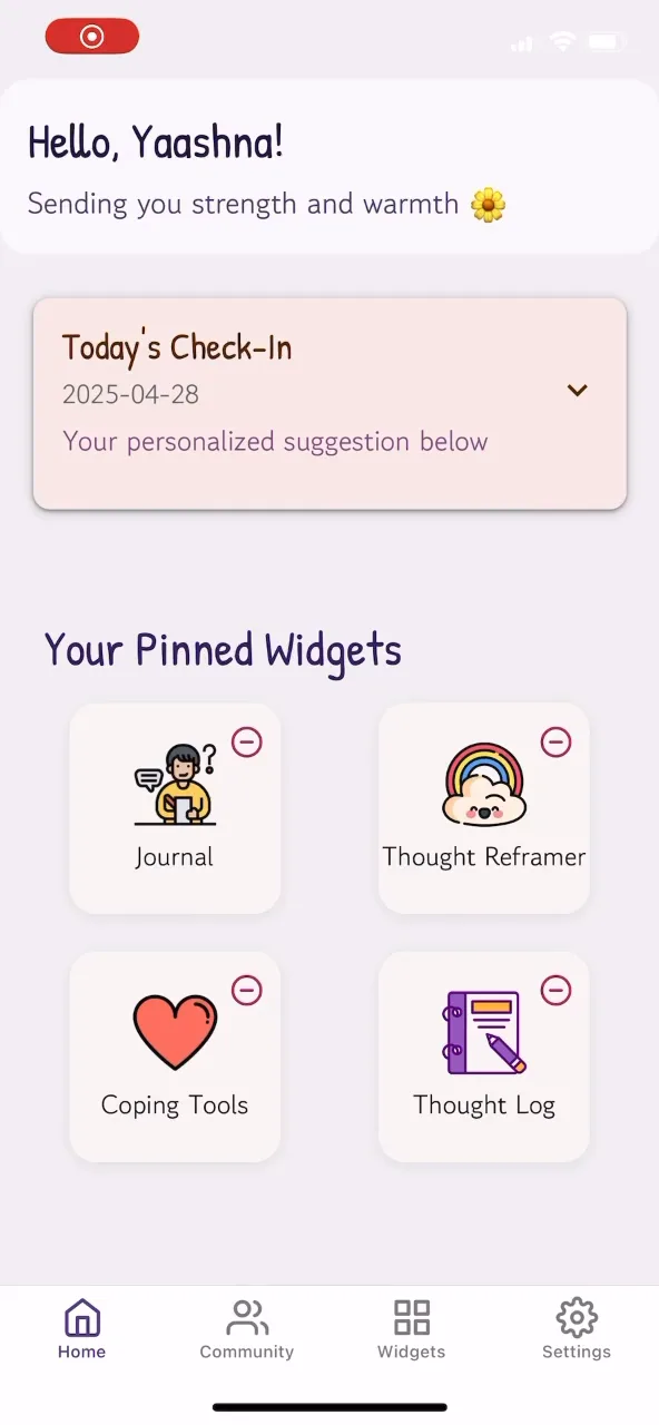 Home screen with a greeting, a daily check-in and four pinned widgets: Journal, Thought Reframer, Coping Tools and Thought Log