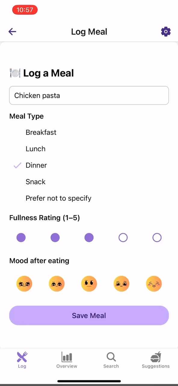 Log Meal screen with meal type, a 1 to 5 fullness rating and a mood after eating selector