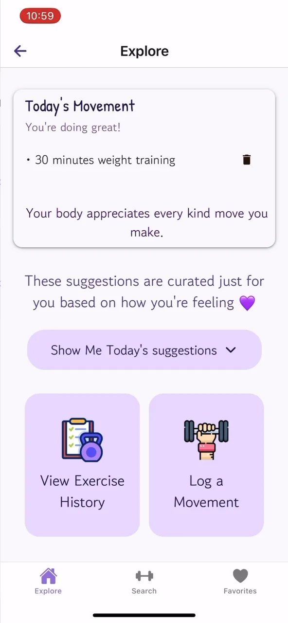 Explore screen with Today's Movement and suggestions curated by how the user feels