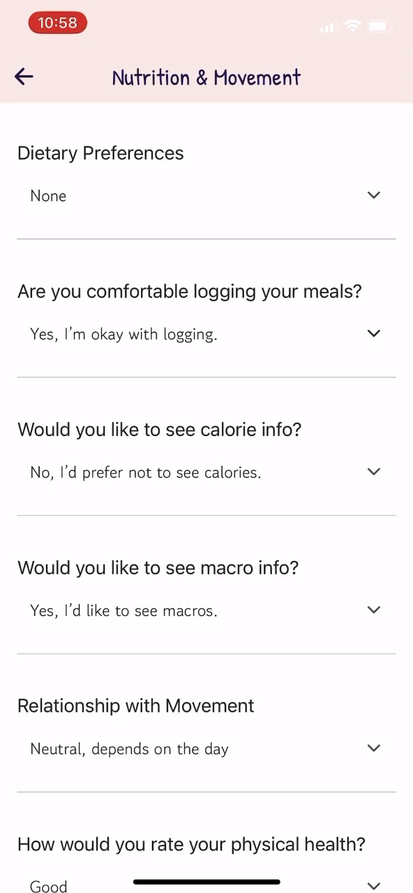 Preferences screen asking whether the user wants to see calorie info, with the option to decline