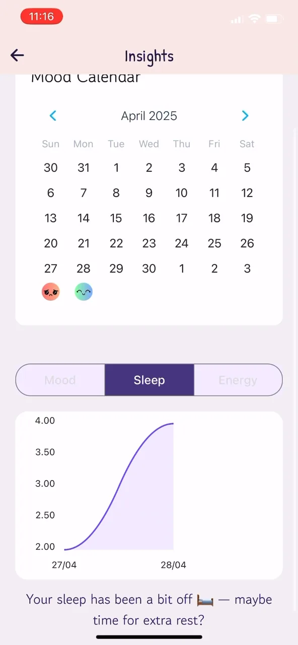 Insights sleep trend with the message: Your sleep has been a bit off, maybe time for extra rest