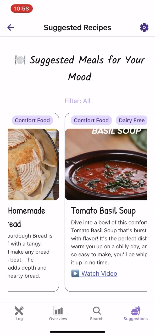 Suggested Meals for Your Mood with tags like Comfort Food and Dairy Free
