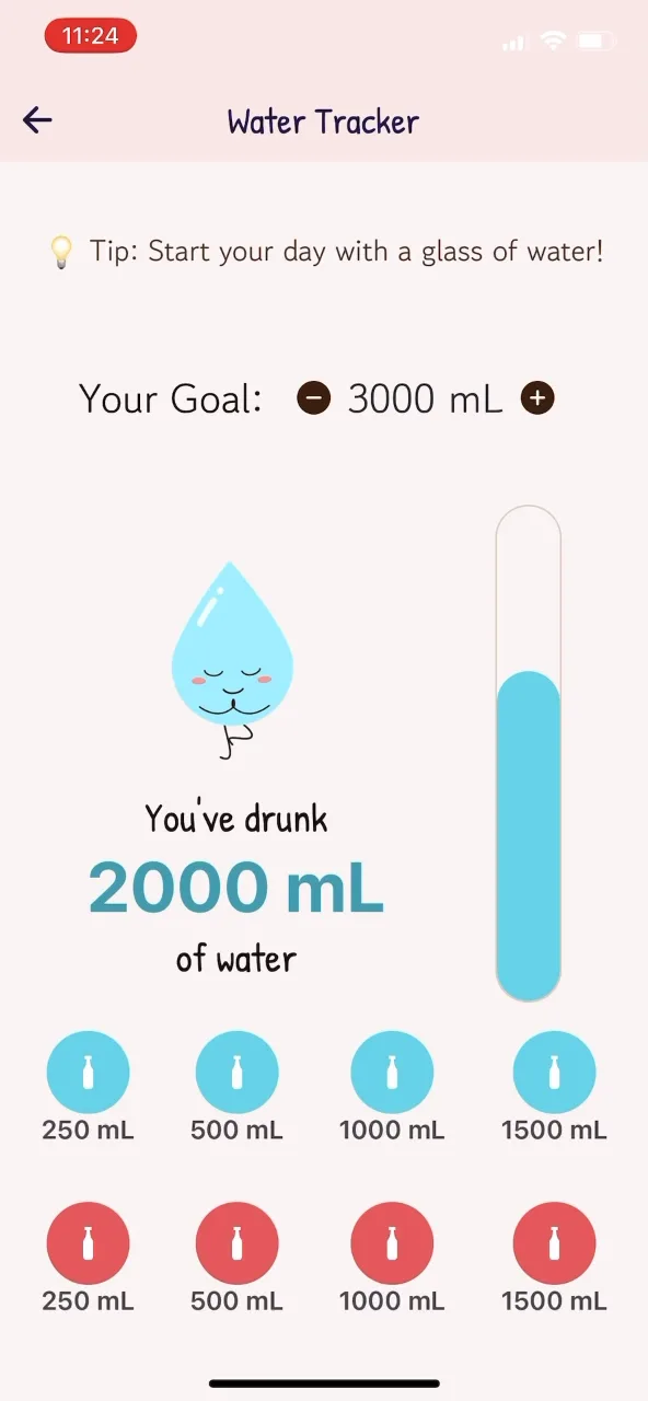 Water Tracker with a goal and a mascot that reacts to intake
