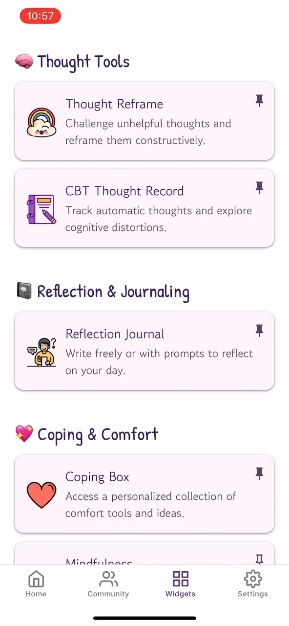 Widget library listing Thought Reframe, CBT Thought Record, Reflection Journal and Coping Box, each with a pin