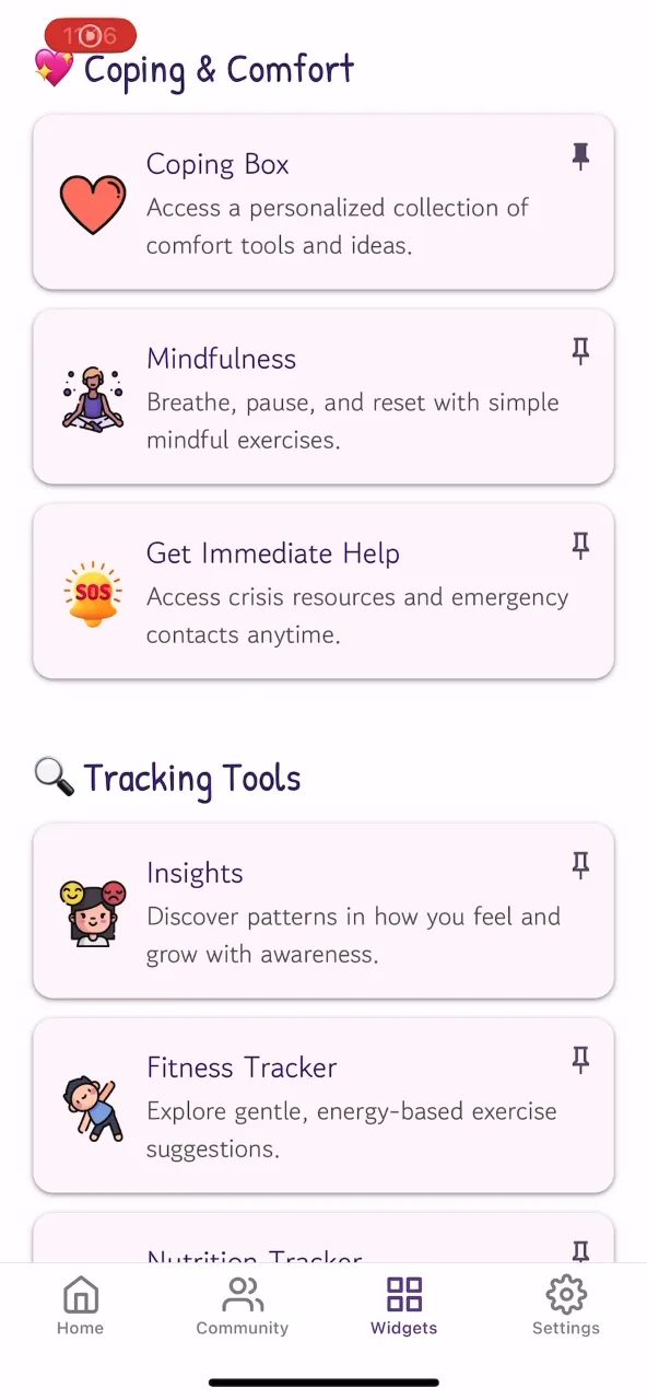 Widget library with Coping Box, Mindfulness and Get Immediate Help