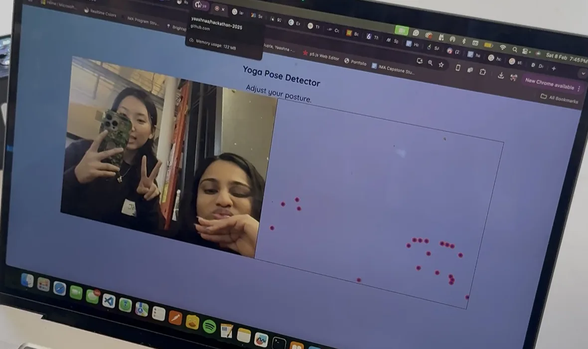 An early prototype on a laptop: a page titled Yoga Pose Detector showing a webcam feed beside a plot of red body-keypoint dots