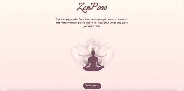ZenPose start screen: the lotus mark, the line 'Test your yoga skills! Complete as many yoga poses as possible in one minute', and a Start Game button